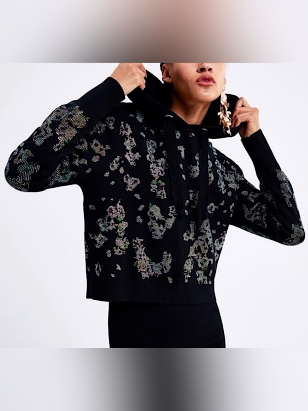 Zara - Colorful Embellished Rhinestone Long Sleeve Crop Hoodie Sweatshirt Size M